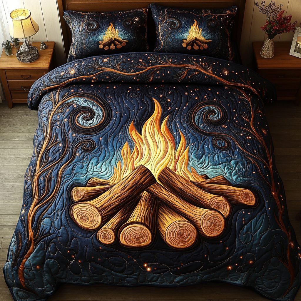 Flame Dance quilted 3-piece bedding set on a made bed with two matching pillow shams