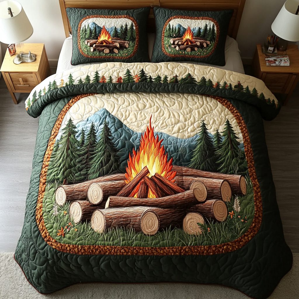 Flame Dance quilted 3-piece bedding set on a made bed with two matching pillow shams