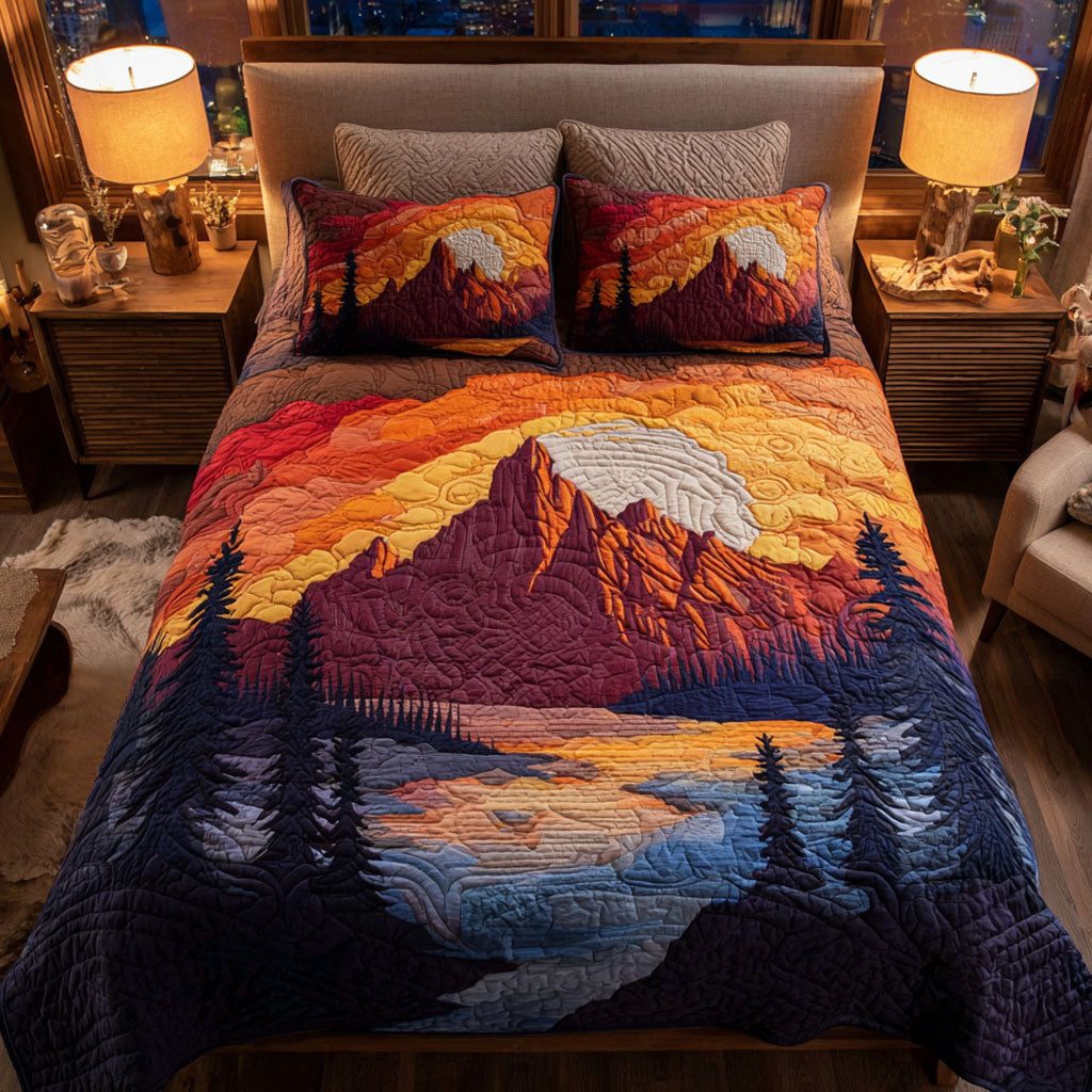 Flame Mountain quilted 3-piece bedding set on a made bed with two matching pillow shams
