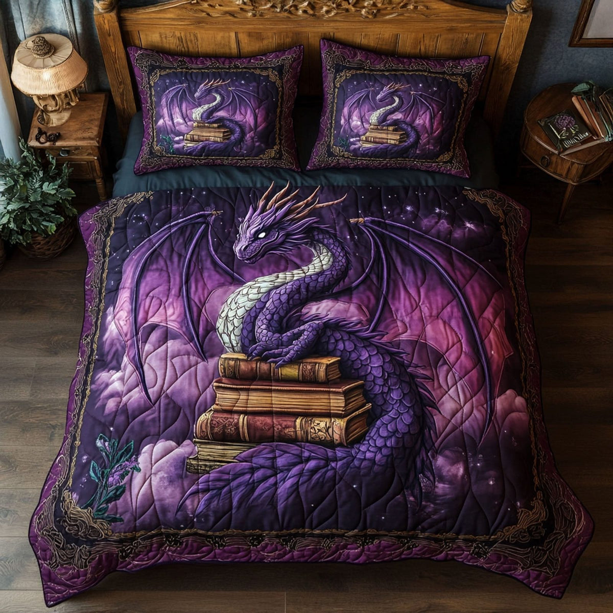 Flameborne Chronicles quilted 3-piece bedding set on a made bed with two matching pillow shams