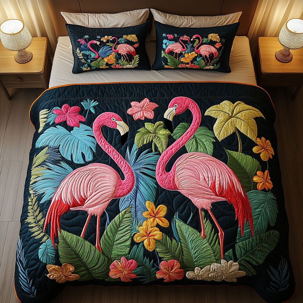 Flaming Sunset quilted 3-piece bedding set on a made bed with two matching pillow shams