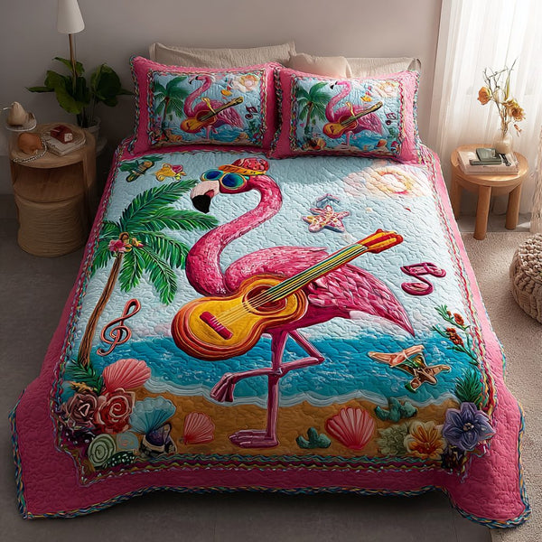 Flamingo Breeze quilted 3-piece bedding set on a made bed with two matching pillow shams