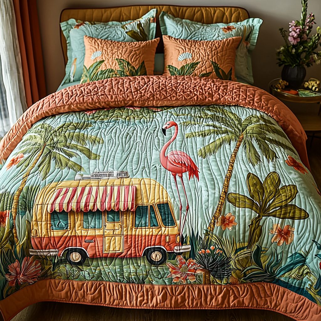 Flamingo Camping quilted 3-piece bedding set on a made bed with two matching pillow shams