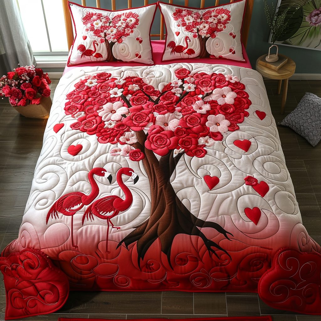 Flamingo Charm quilted 3-piece bedding set on a made bed with two matching pillow shams
