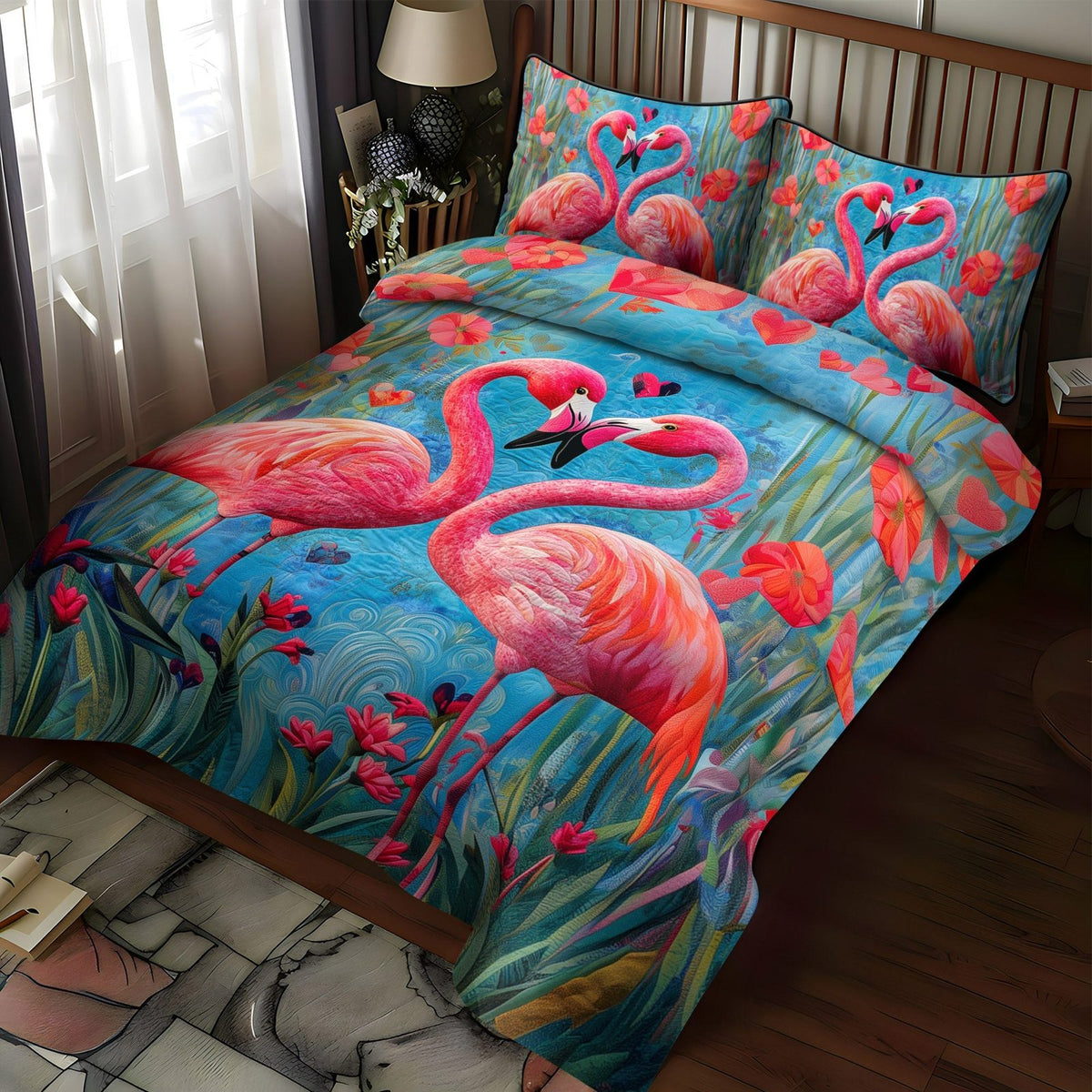 Flamingo Charm quilted 3-piece bedding set on a made bed with two matching pillow shams