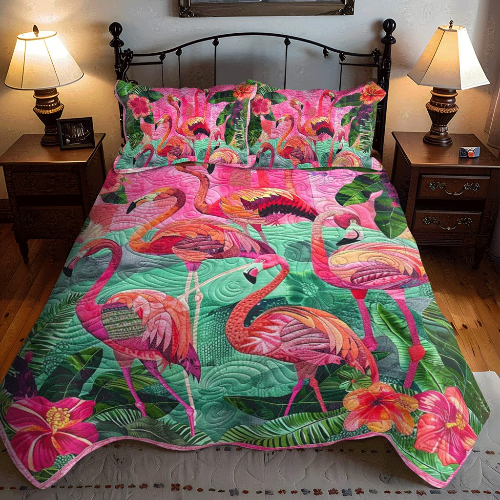 Flamingo Coast quilted 3-piece bedding set on a made bed with two matching pillow shams