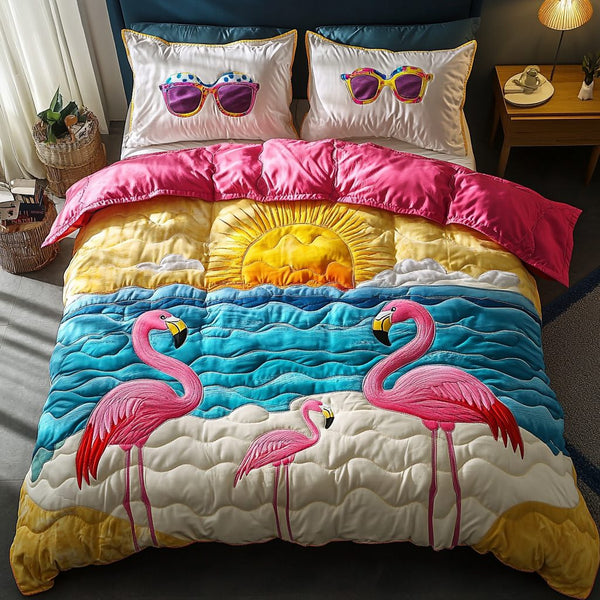 Flamingo Delight quilted 3-piece bedding set on a made bed with two matching pillow shams