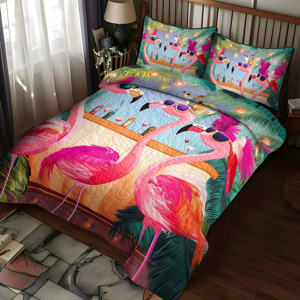 Flamingo Delight quilted 3-piece bedding set on a made bed with two matching pillow shams