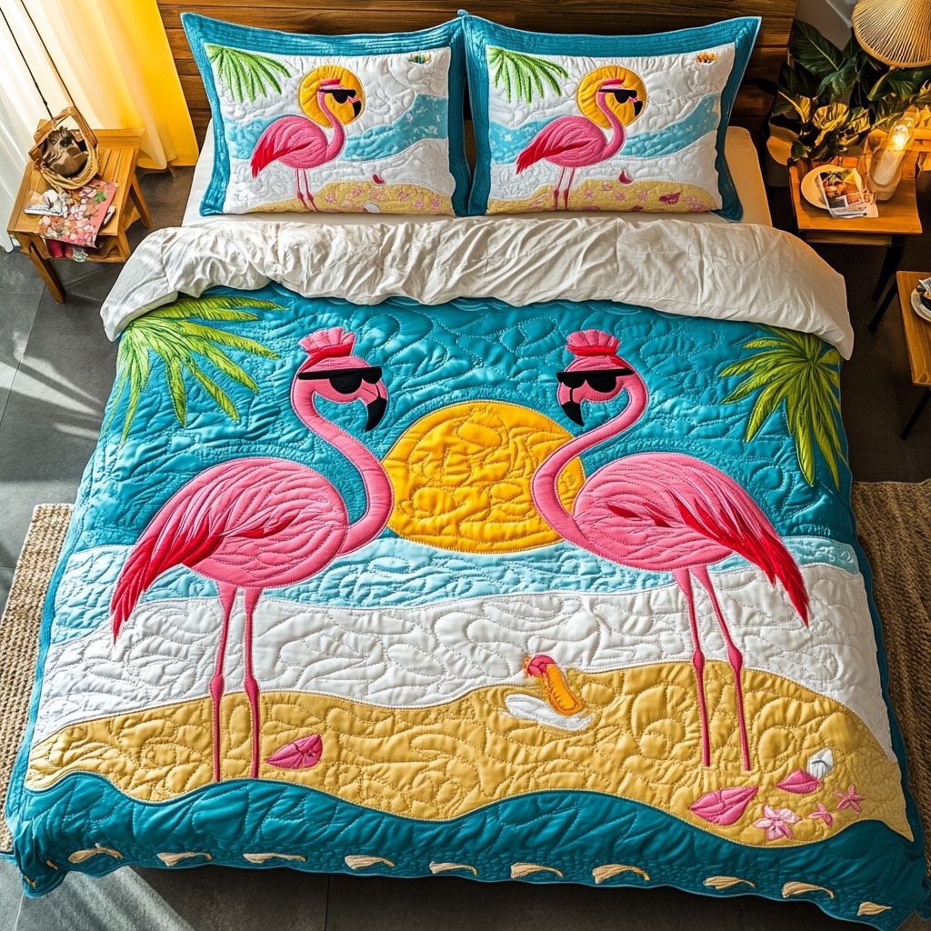 Flamingo Dream quilted 3-piece bedding set on a made bed with two matching pillow shams