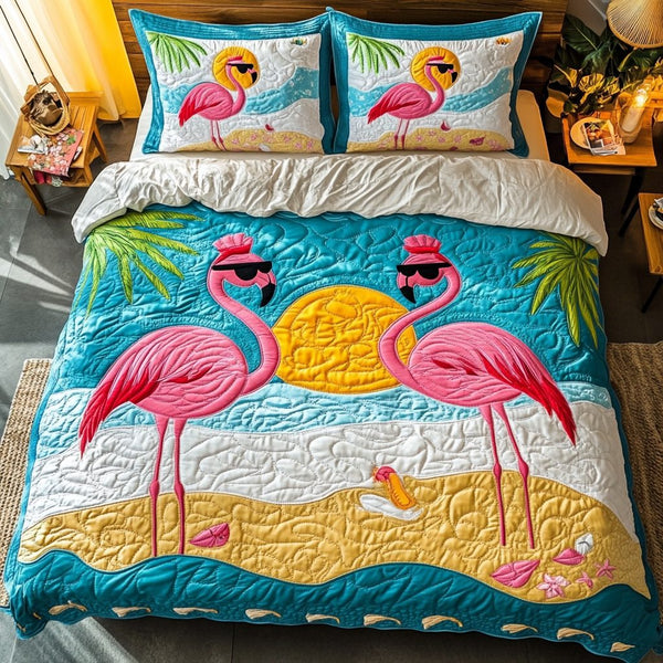 Flamingo Dream quilted 3-piece bedding set on a made bed with two matching pillow shams