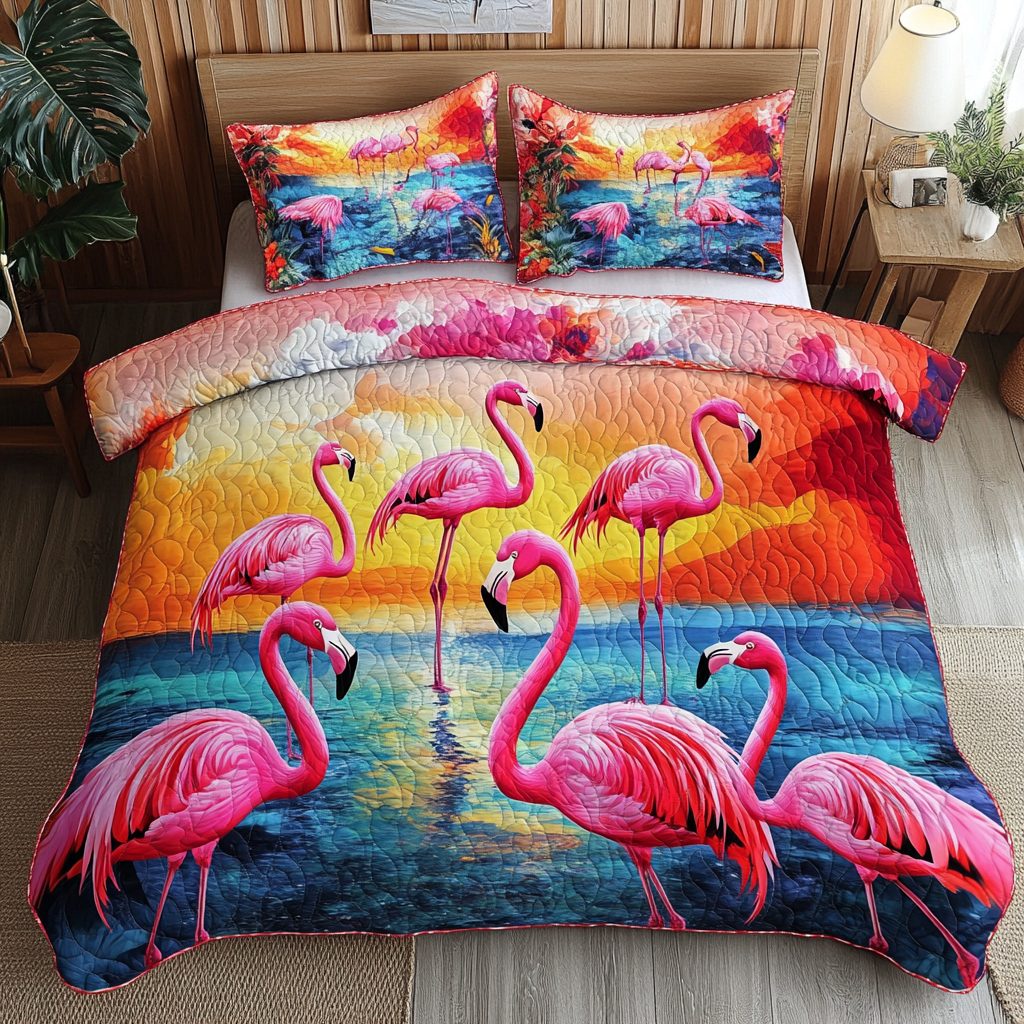Flamingo Dreams quilted 3-piece bedding set on a made bed with two matching pillow shams