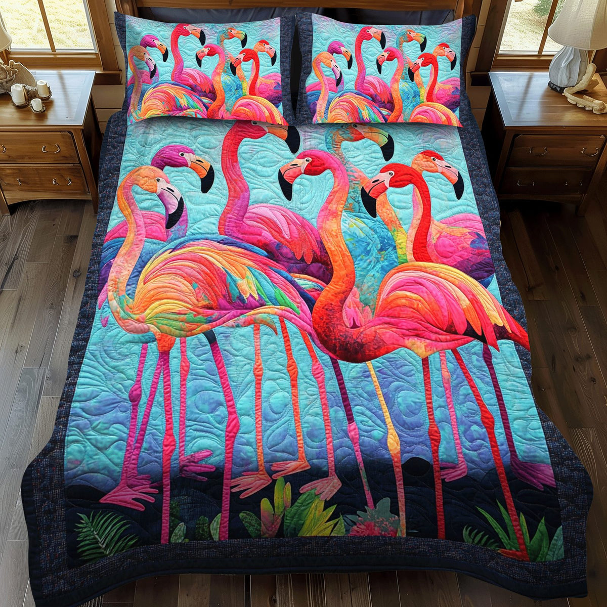 Flamingo Dreams quilted 3-piece bedding set on a made bed with two matching pillow shams