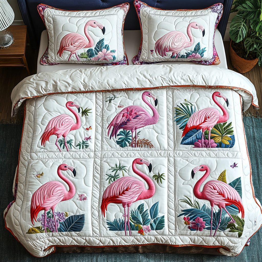 Flamingo Dreams quilted 3-piece bedding set on a made bed with two matching pillow shams