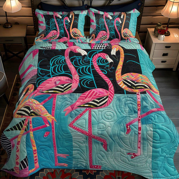 Flamingo Fantasy quilted 3-piece bedding set on a made bed with two matching pillow shams