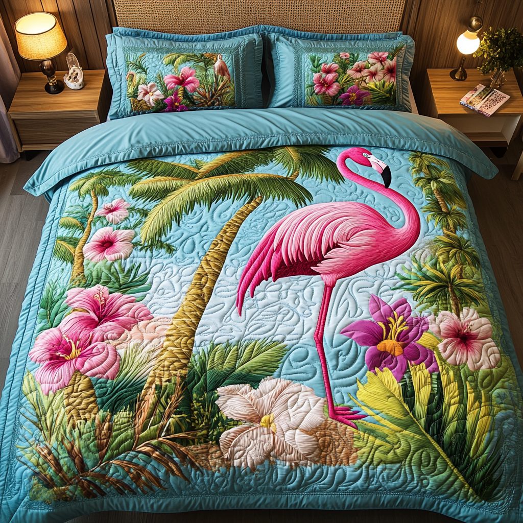 Flamingo Fiesta quilted 3-piece bedding set on a made bed with two matching pillow shams