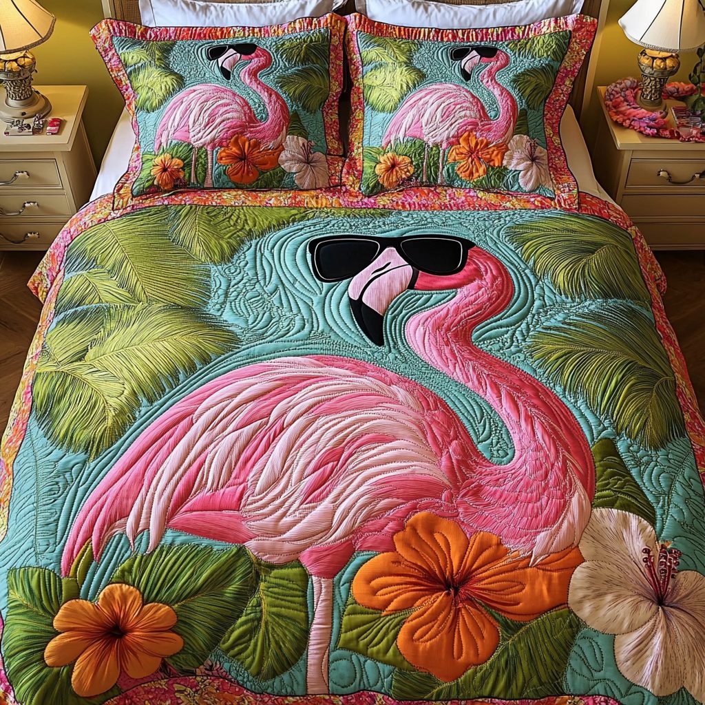 Flamingo Garden quilted 3-piece bedding set on a made bed with two matching pillow shams