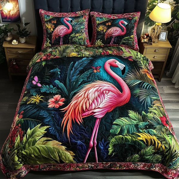 Flamingo Glow quilted 3-piece bedding set on a made bed with two matching pillow shams