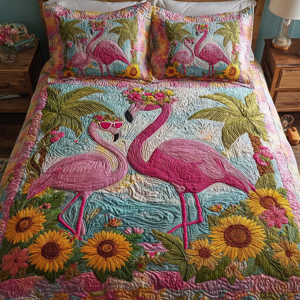Flamingo Grace quilted 3-piece bedding set on a made bed with two matching pillow shams
