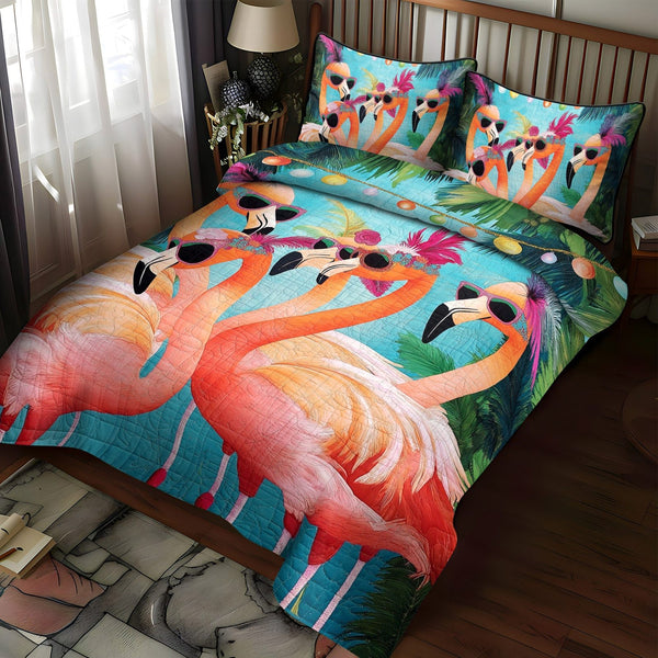 Flamingo Magic quilted 3-piece bedding set on a made bed with two matching pillow shams