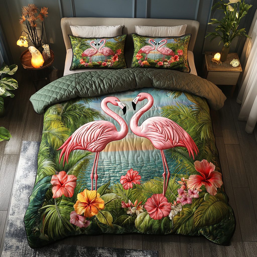 Flamingo Paradise quilted 3-piece bedding set on a made bed with two matching pillow shams