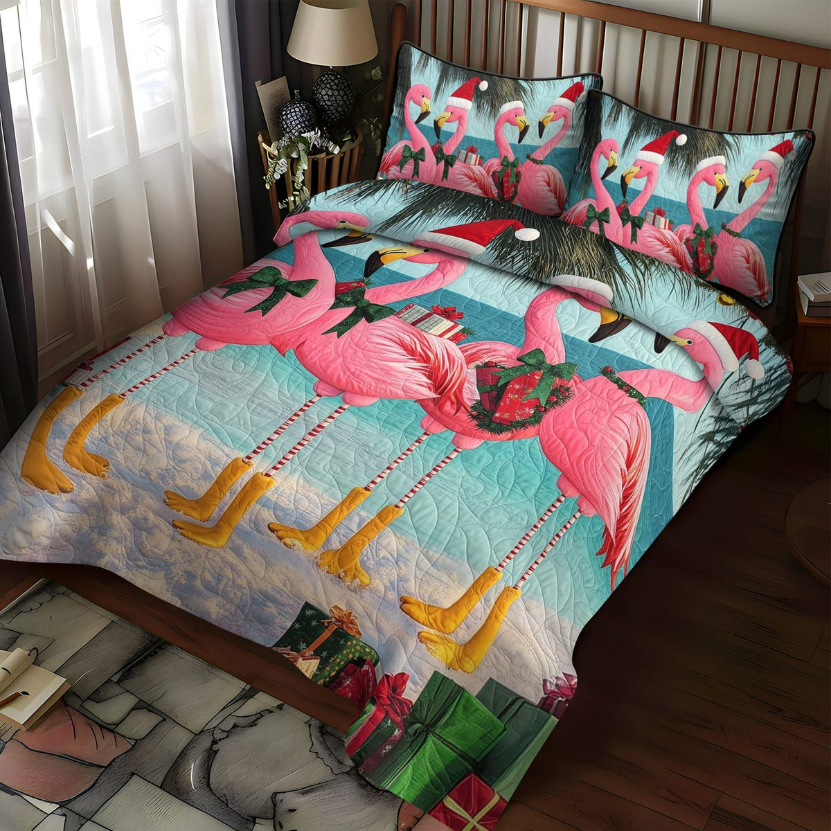 Flamingo Party quilted 3-piece bedding set on a made bed with two matching pillow shams
