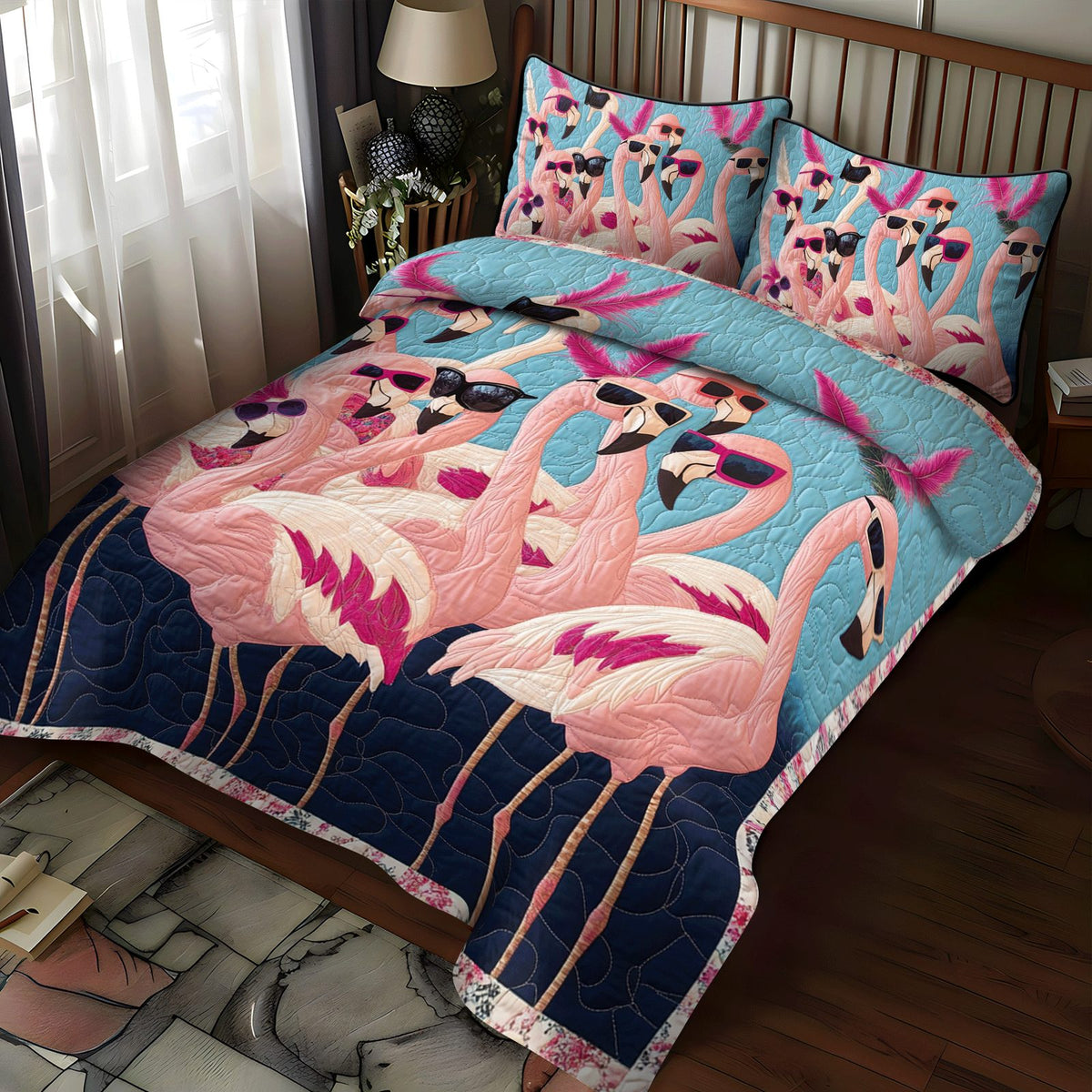 Flamingo Pattern quilted 3-piece bedding set on a made bed with two matching pillow shams