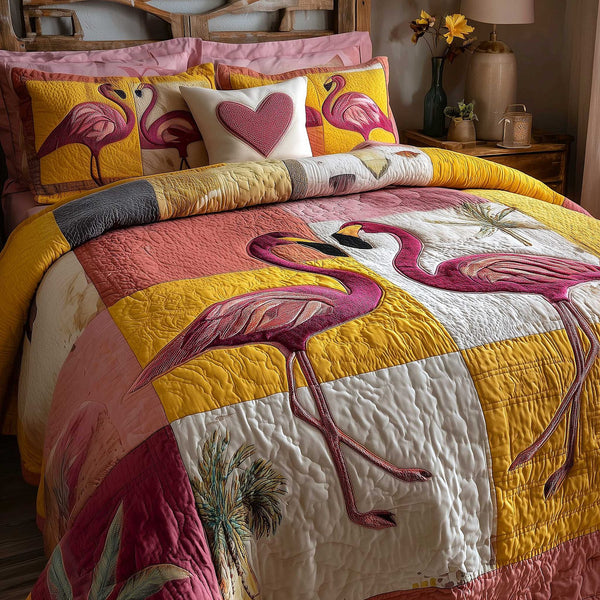 Flamingo quilted 3-piece bedding set on a made bed with two matching pillow shams