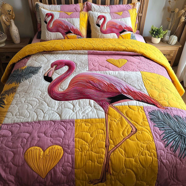 Flamingo quilted 3-piece bedding set on a made bed with two matching pillow shams