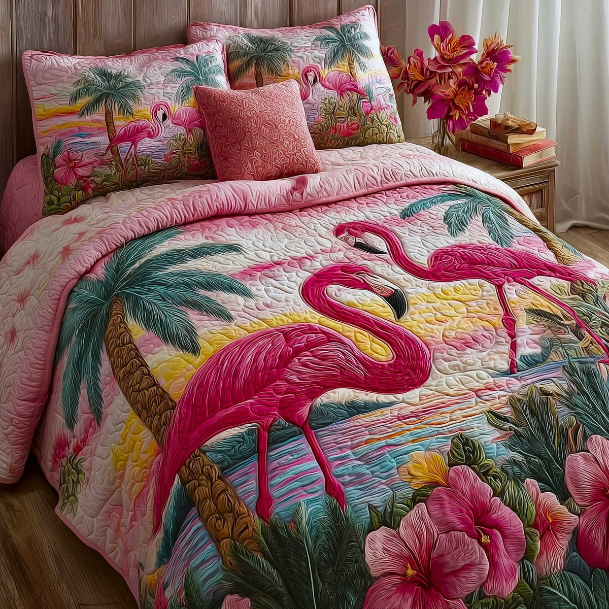 Flamingo quilted 3-piece bedding set on a made bed with two matching pillow shams