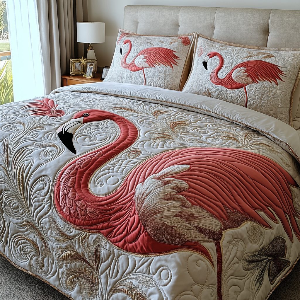 Flamingo quilted 3-piece bedding set on a made bed with two matching pillow shams