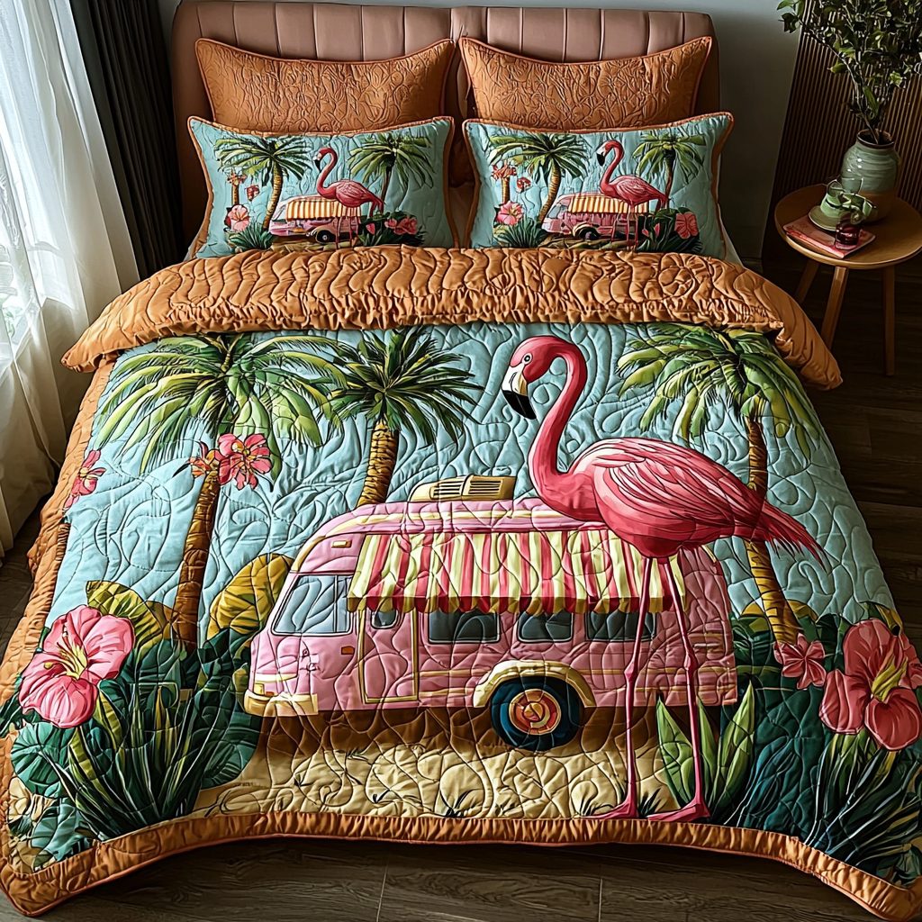 Flamingo RV quilted 3-piece bedding set on a made bed with two matching pillow shams