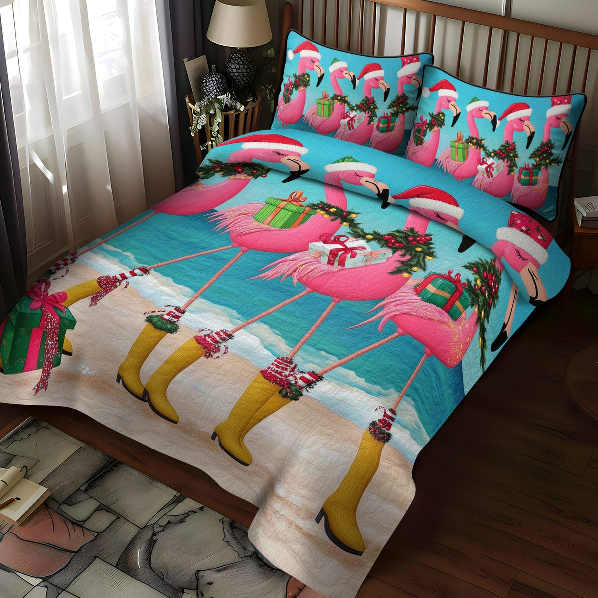 Flamingo Serenade quilted 3-piece bedding set on a made bed with two matching pillow shams