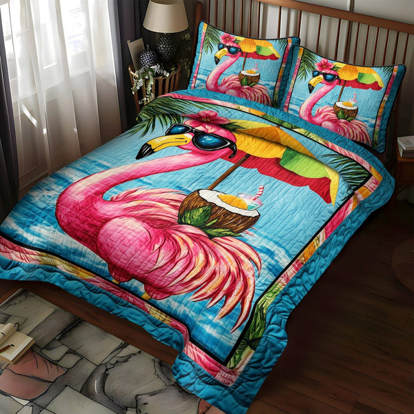Flamingo Shine quilted 3-piece bedding set on a made bed with two matching pillow shams
