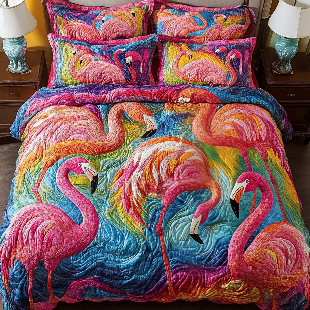 Flamingo Shore quilted 3-piece bedding set on a made bed in a light coastal bedroom
