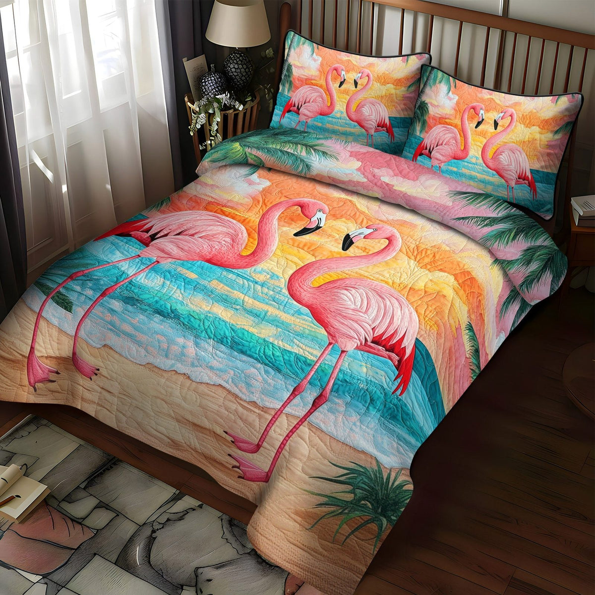 Flamingo Splendor quilted 3-piece bedding set on a made bed with two matching pillow shams