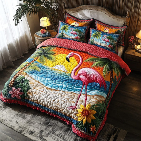 Flamingo Sunset quilted 3-piece bedding set on a made bed with two matching pillow shams