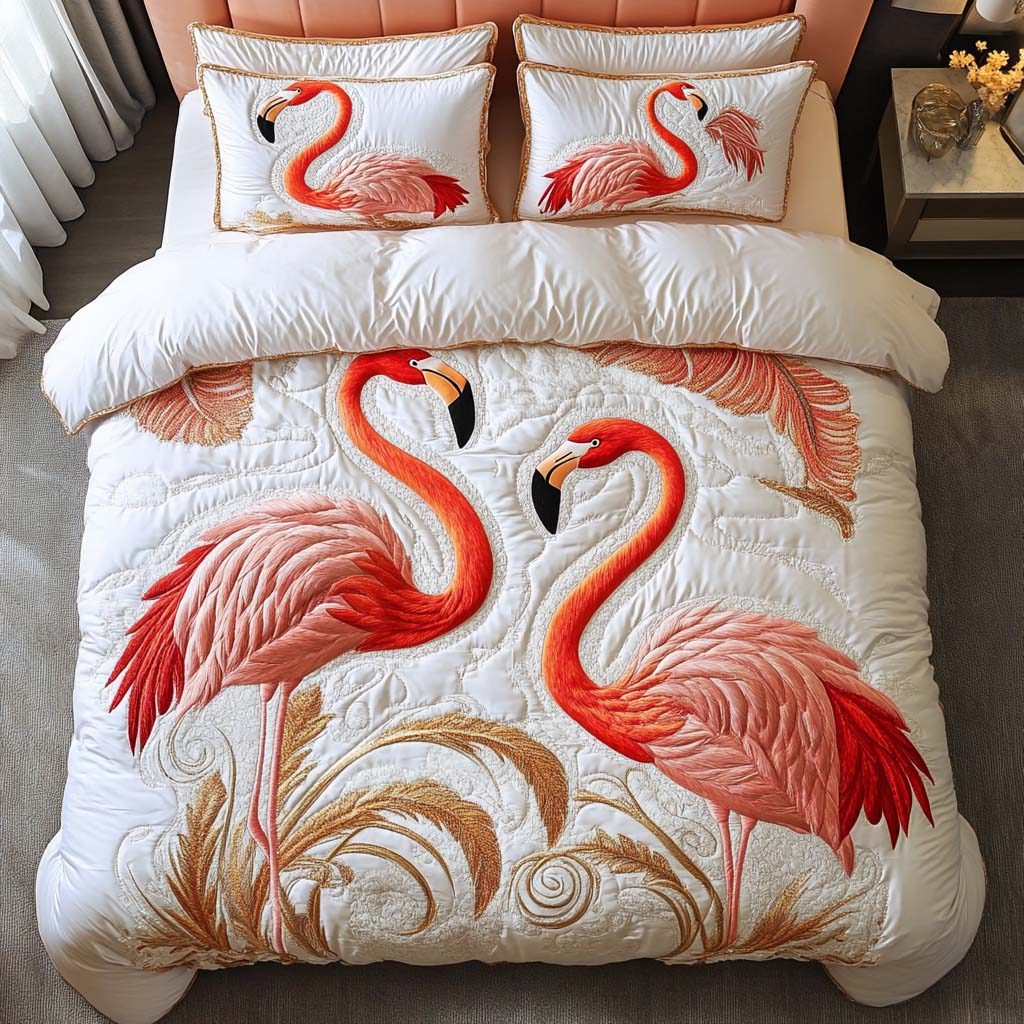Flamingo Swagger quilted 3-piece bedding set on a made bed with two matching pillow shams
