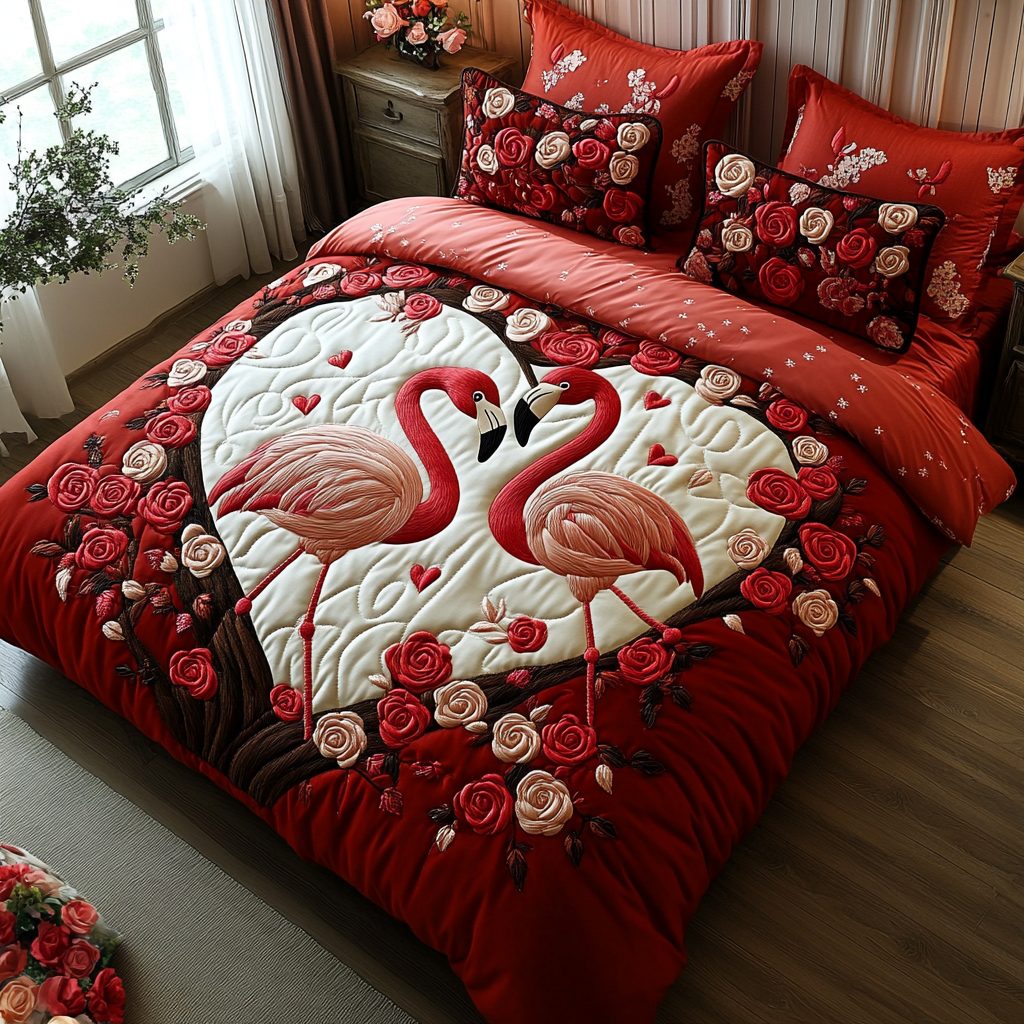Flamingo Tango quilted 3-piece bedding set on a made bed with two matching pillow shams