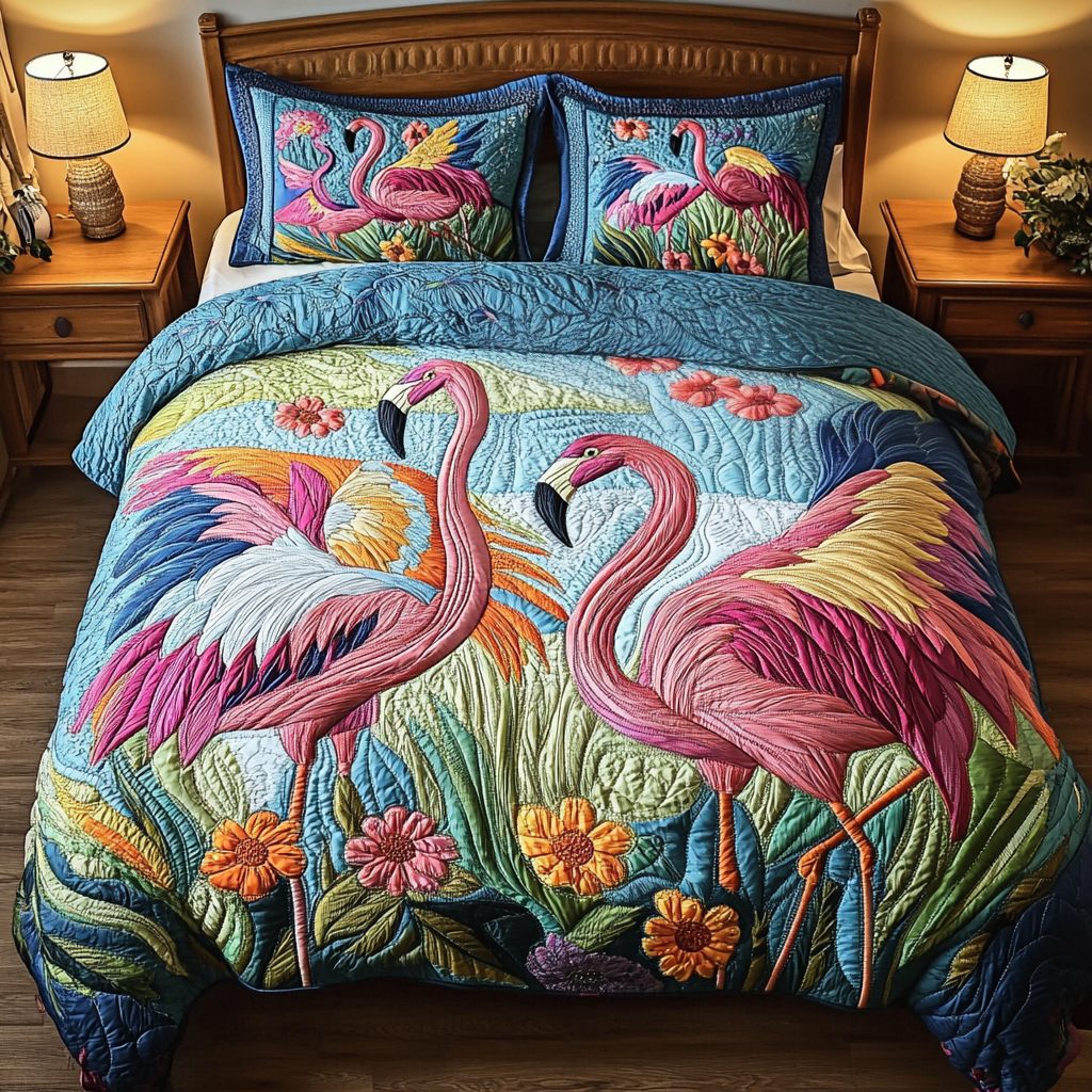 Flamingo Tango quilted 3-piece bedding set on a made bed with two matching pillow shams