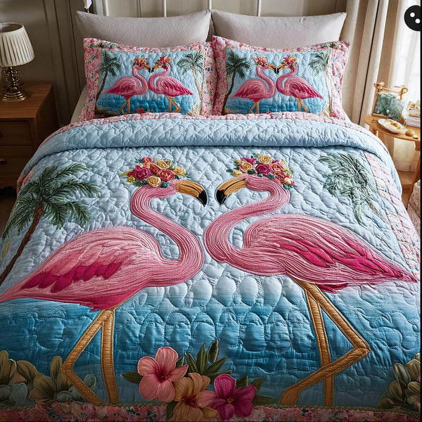 Flamingo Vibe quilted 3-piece bedding set on a made bed with two matching pillow shams