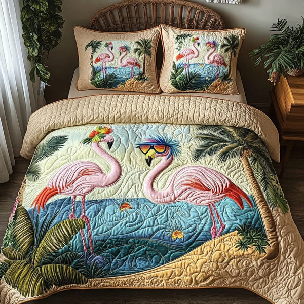 Flamingo Vibes quilted 3-piece bedding set on a made bed with two matching pillow shams