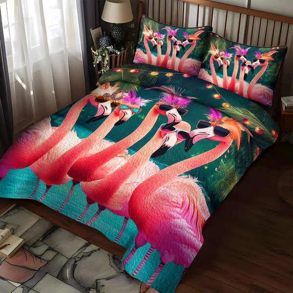 Flamingo Wonderland quilted 3-piece bedding set on a made bed with two matching pillow shams
