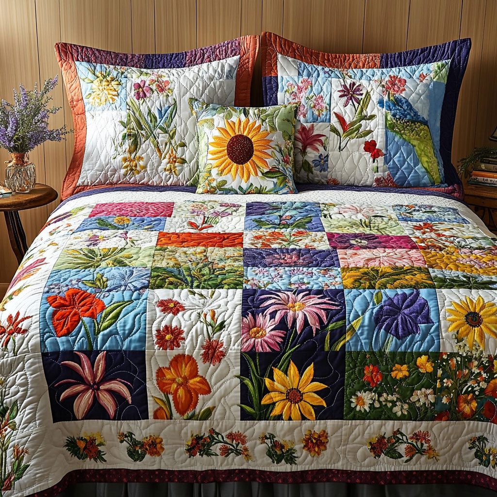 Fleur de Patch quilted 3-piece bedding set on a made bed with two matching pillow shams
