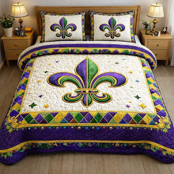 Fleur Elegance quilted 3-piece bedding set on a made bed with two matching pillow shams