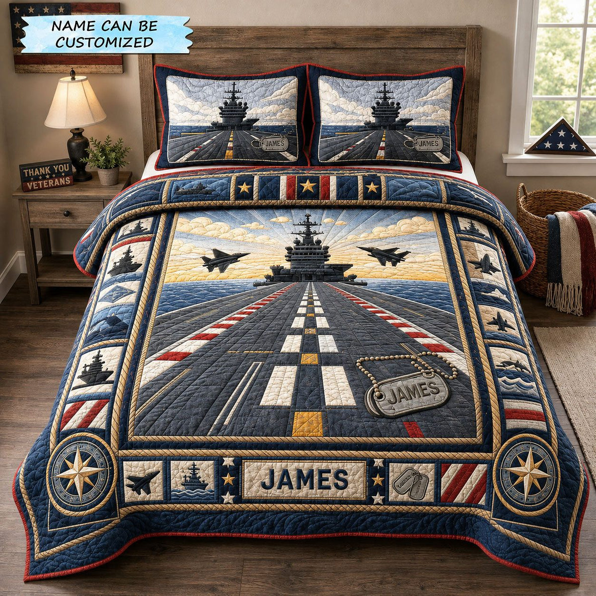 Flight Deck of Honor quilted 3-piece bedding set on a made bed in a warmly lit bedroom