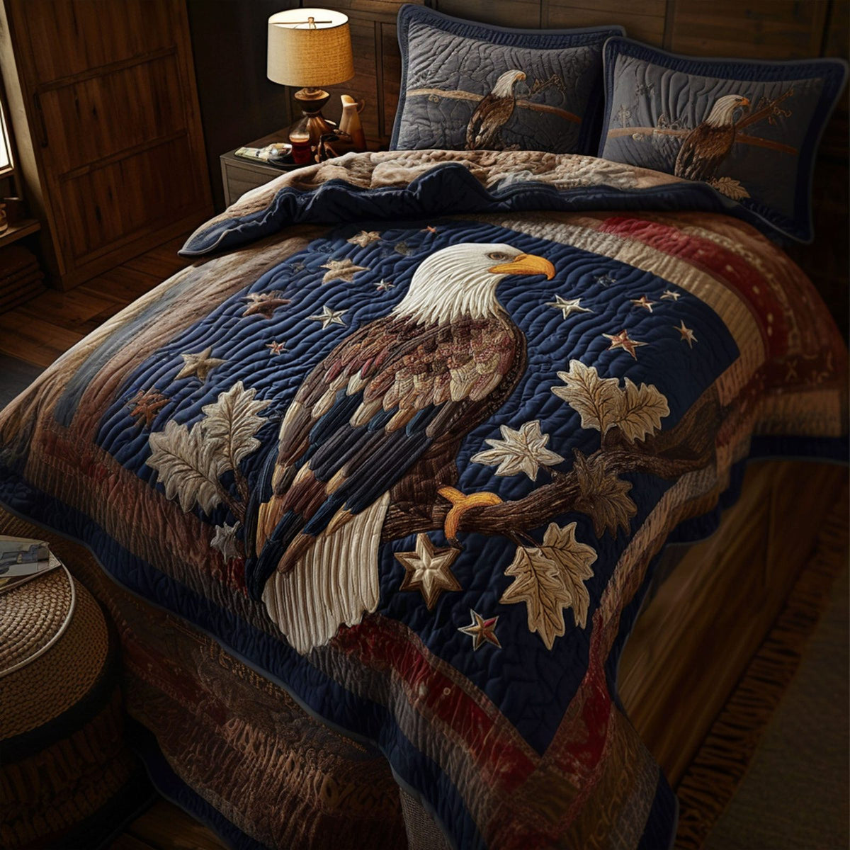 Flight of Freedom quilted 3-piece bedding set on a made bed in a warmly lit bedroom