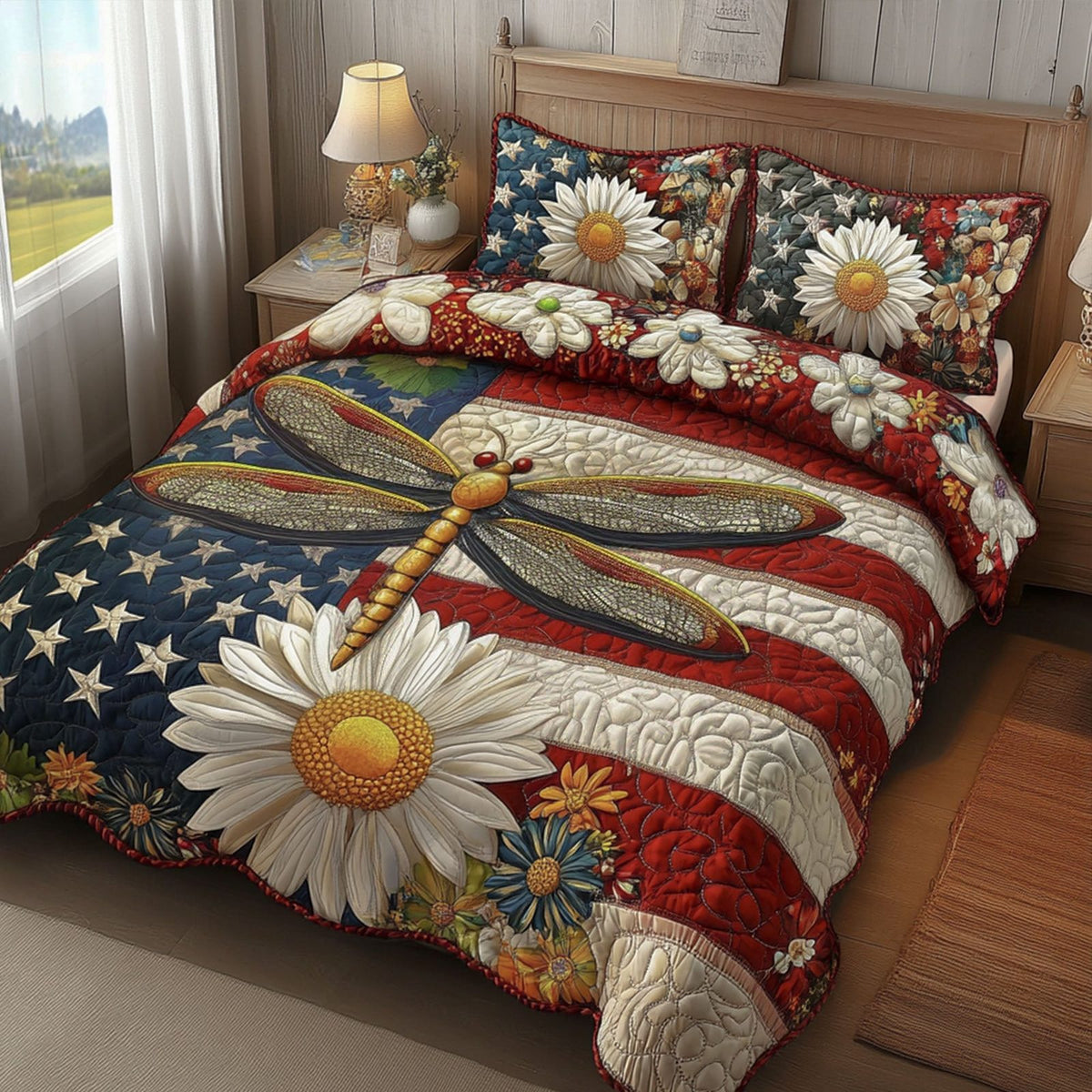 Flight of Liberty quilted 3-piece bedding set on a made bed in a warmly lit bedroom