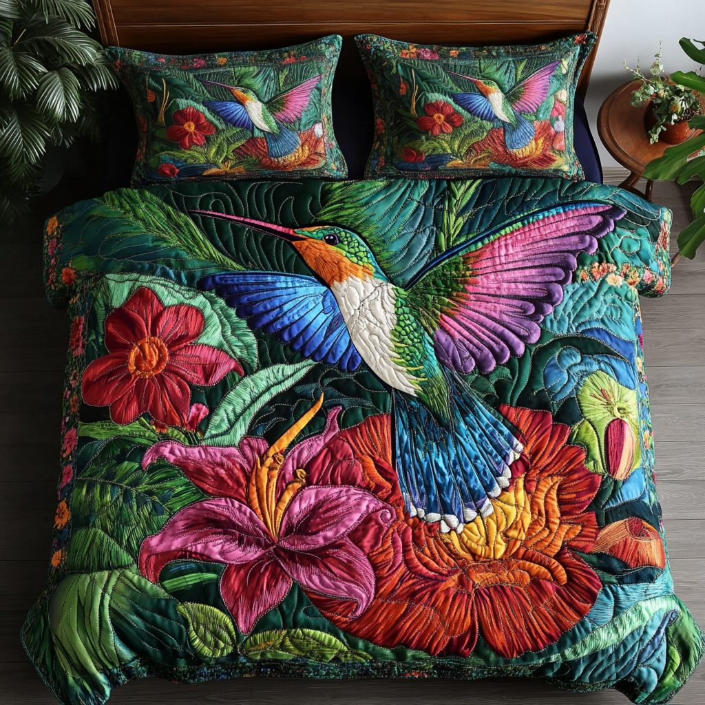 Flight Whispers quilted 3-piece bedding set on a made bed with two matching pillow shams