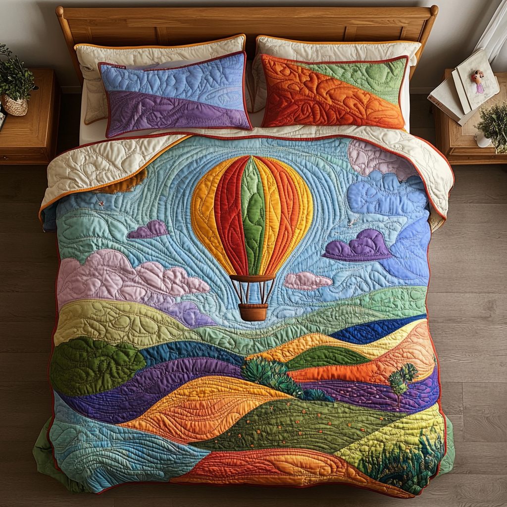 Floating High quilted 3-piece bedding set on a made bed with two matching pillow shams