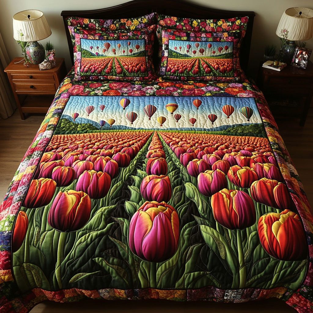 Floating Over Fields quilted 3-piece bedding set on a made bed with two matching pillow shams